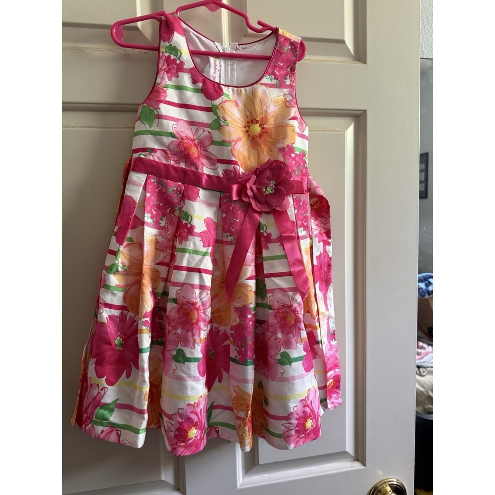Ashley Ann Girls Floral Spring Dress Size 5 Striped Pink Ribbon Waist